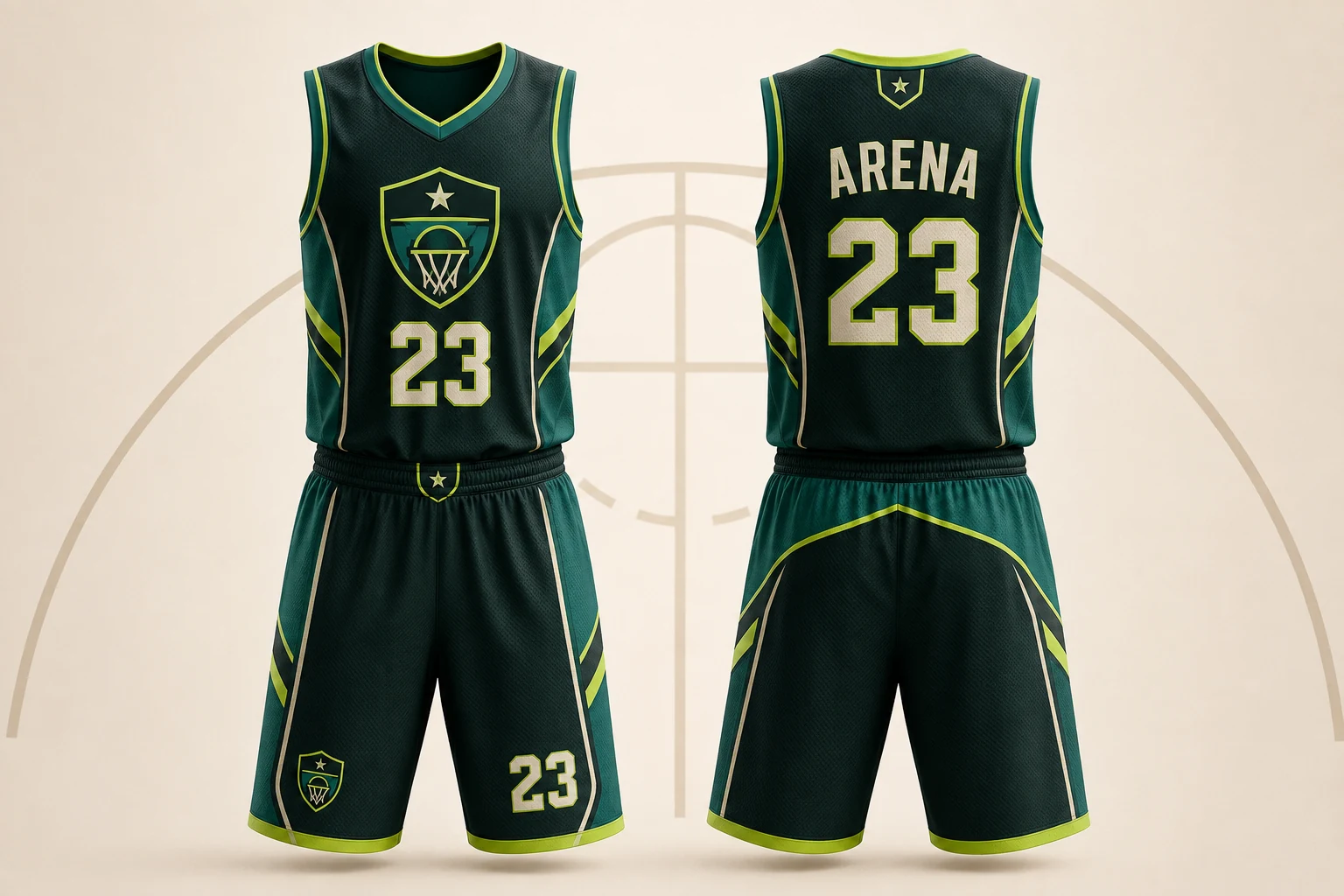 Equipación de baloncesto personalizada ARENA 23, vista frontal y posterior
