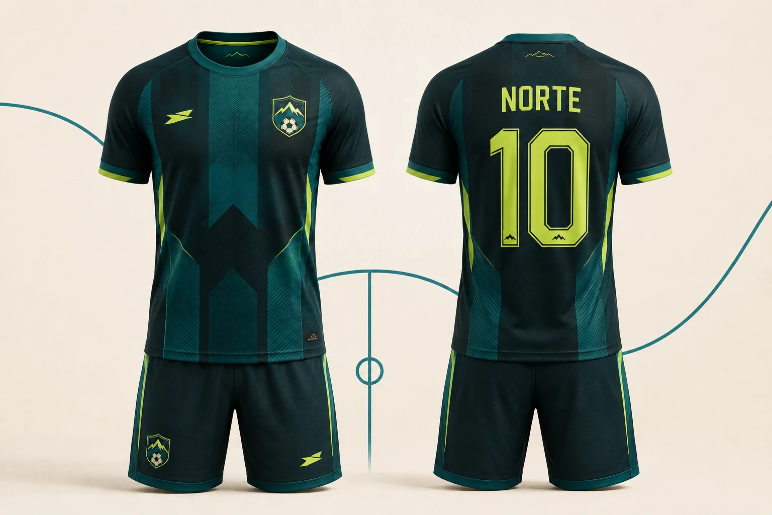 Equipación de fútbol personalizada con nombre NORTE y dorsal 10, vista frontal y posterior