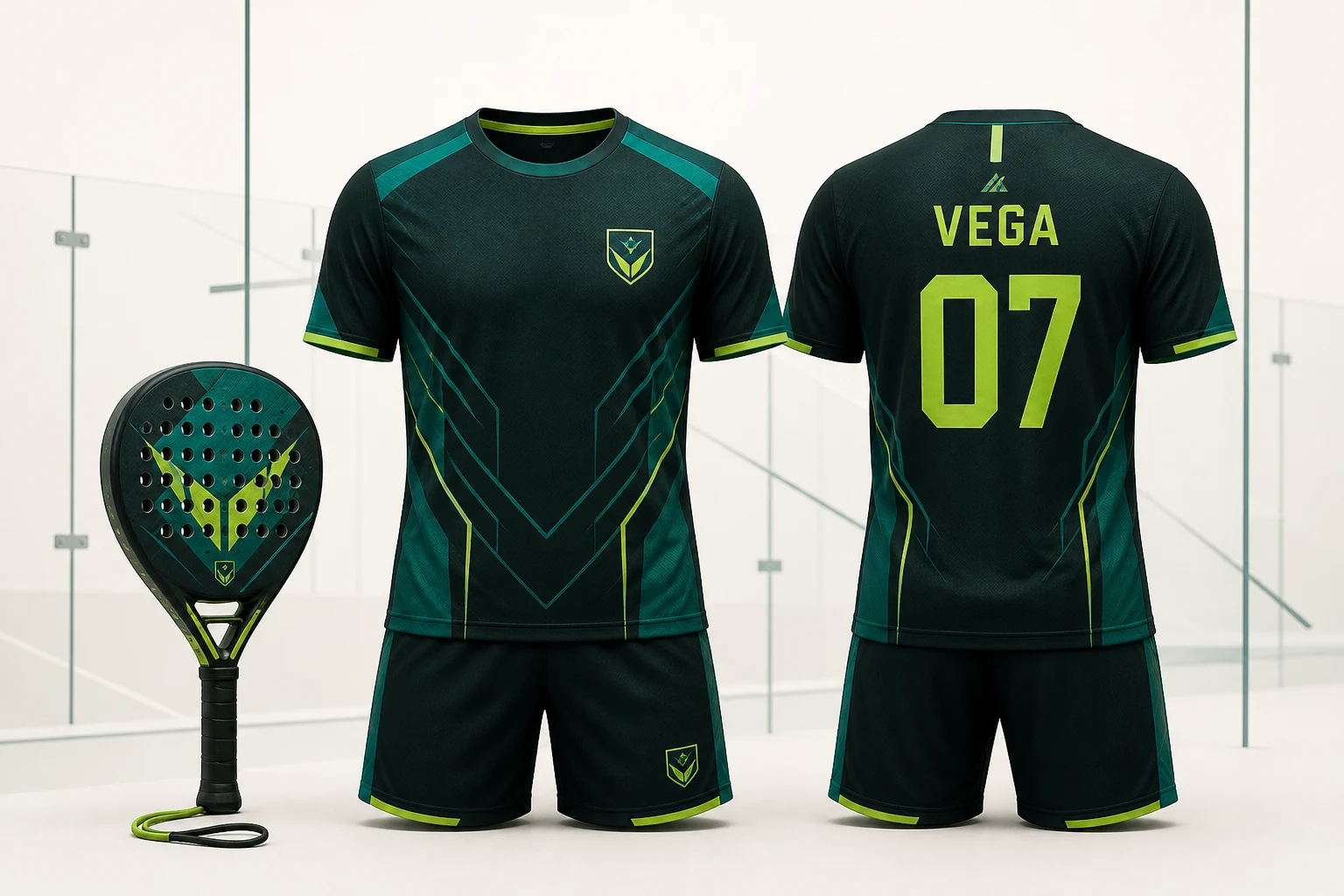 Equipación de pádel personalizada con nombre VEGA y dorsal 07, vista frontal y posterior