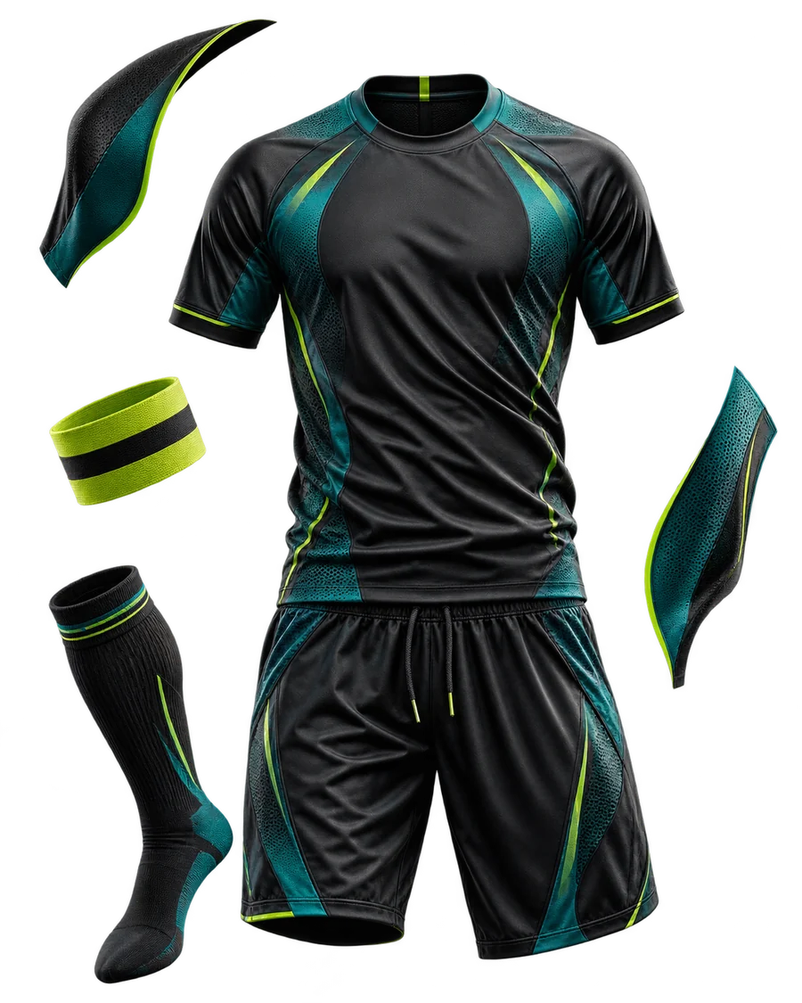 Equipación personalizada de fútbol en negro, verde azulado y lima